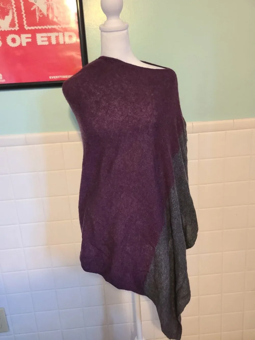 Celeste Wool Cashmere Colorblock Asymmetrical Hem Knit Poncho Purple Dark Gray